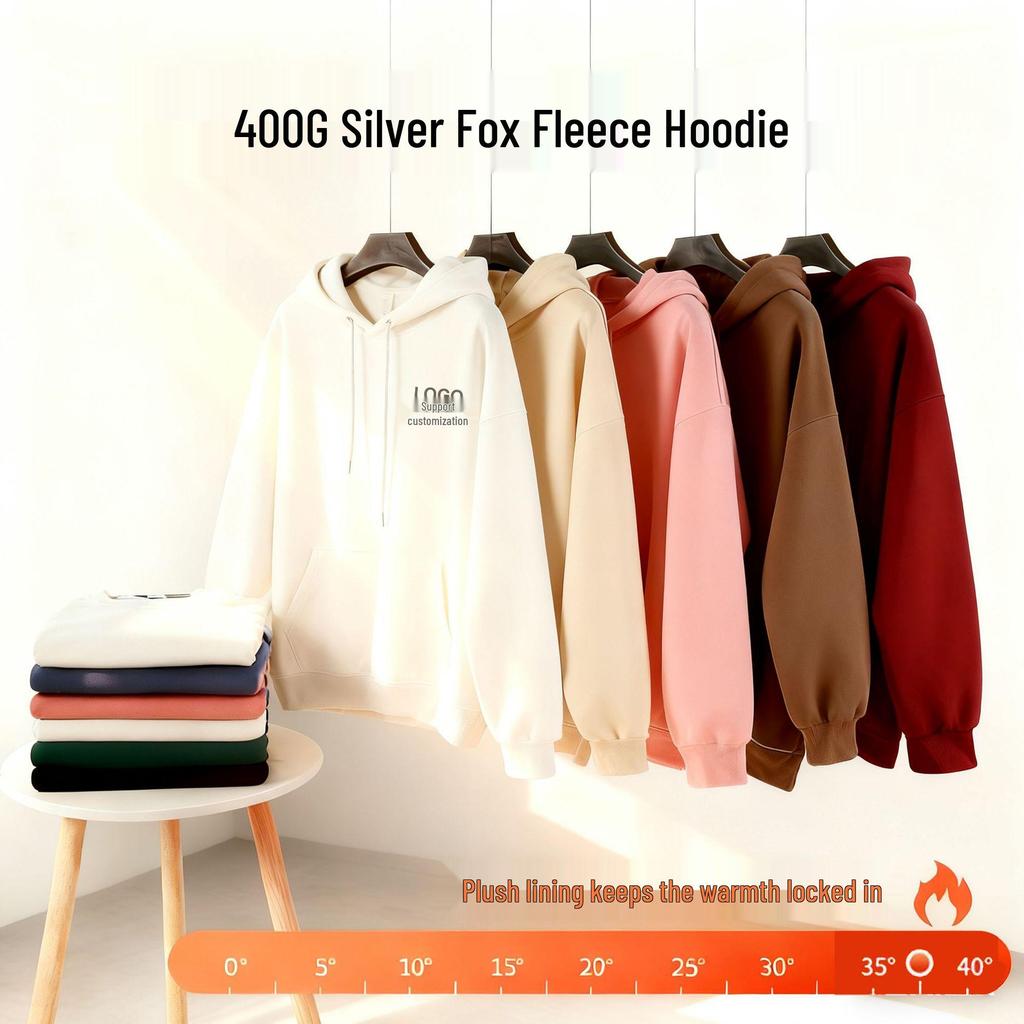 400g Heavyweight Silver Fox Velvet Unisex Hoodie with Fleece, Korean Style Thickened Loose Sweatshirt for Autumn/Winter