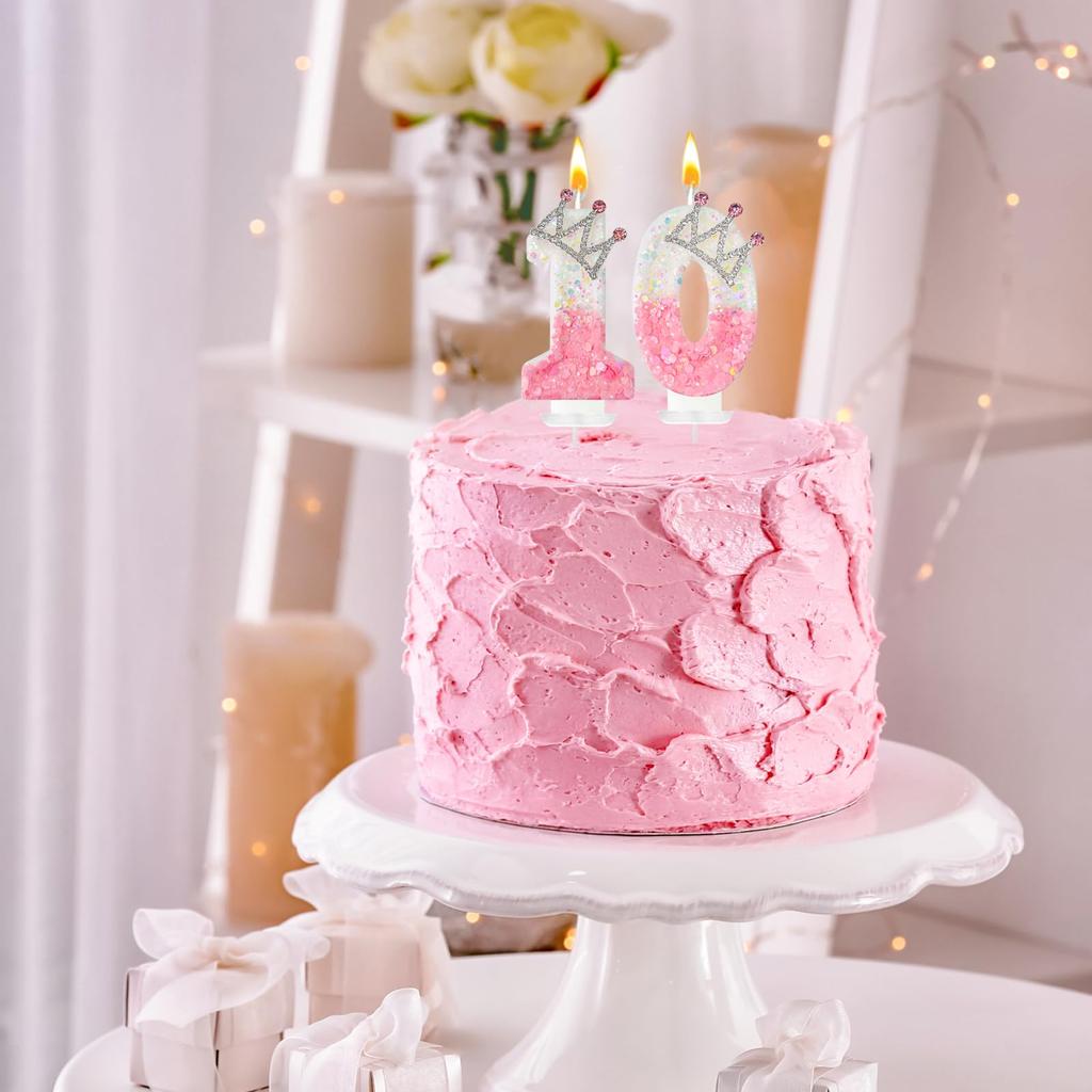 11pcs Gradient Pink and White Crown Number Candles, Number 0-9 Candles, Girl's Birthday Cake Decorations, Cupcake Decorations