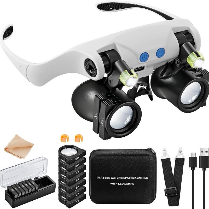 Magnifying Glasses with LED Light, Hands Free Magnifier with 14 Interchangeable Lenses 3X 4X 5X 6X 7X 10X 15X, Magnifying Glasses for Close Work,