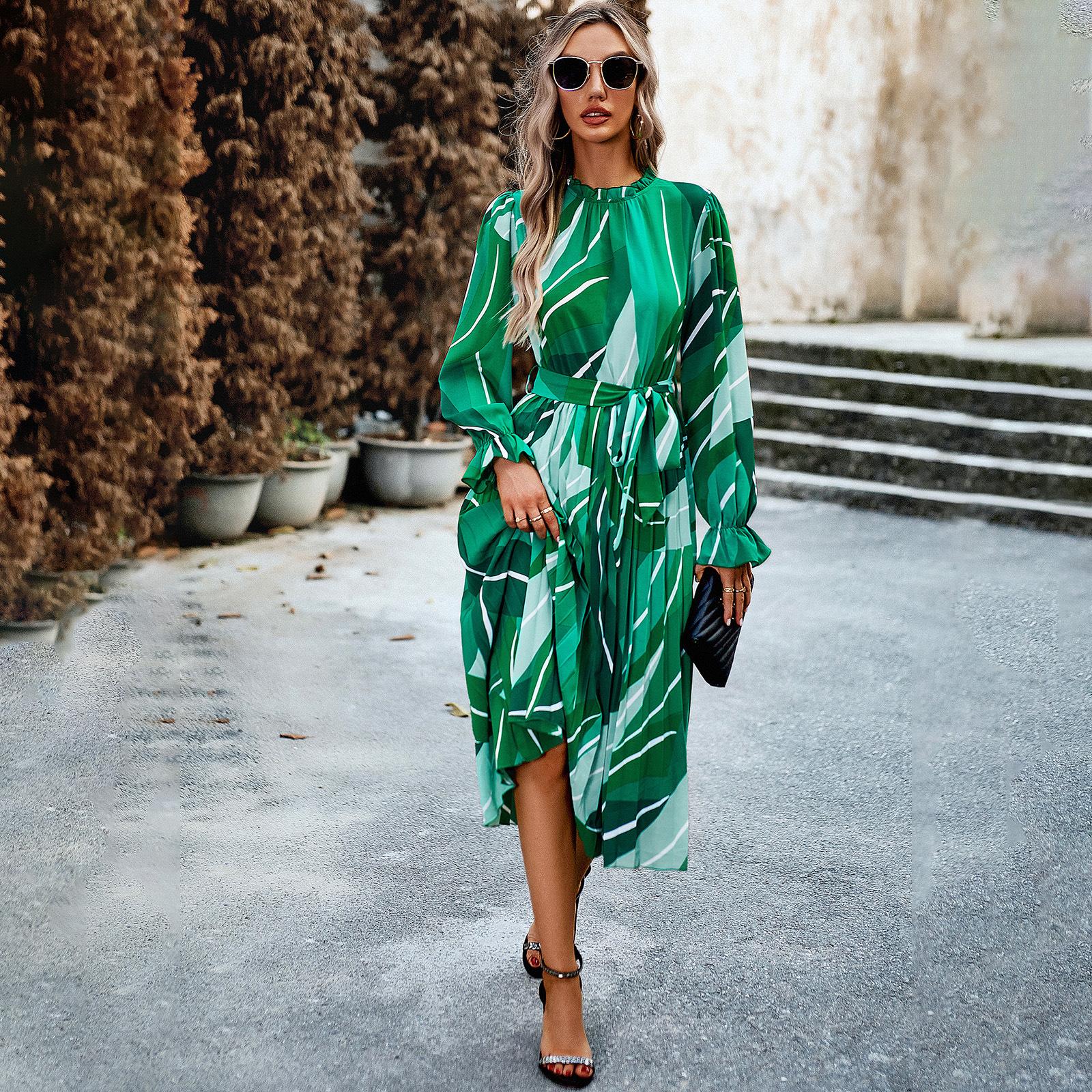 

Осенне-зимнее женское плиссированное длинное платье для отдыха с круглым вырезом и длинными рукавами с принтом XL зелёный