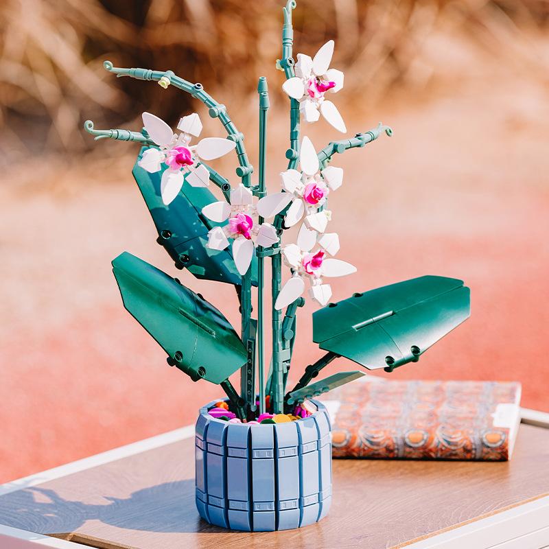 Non-Toxic Lotus Orchid Building Block Home Furnishings Bricks Flowers Plant Model Bricks Potted Flower Bouquet Model Romantic Home 728Pcs