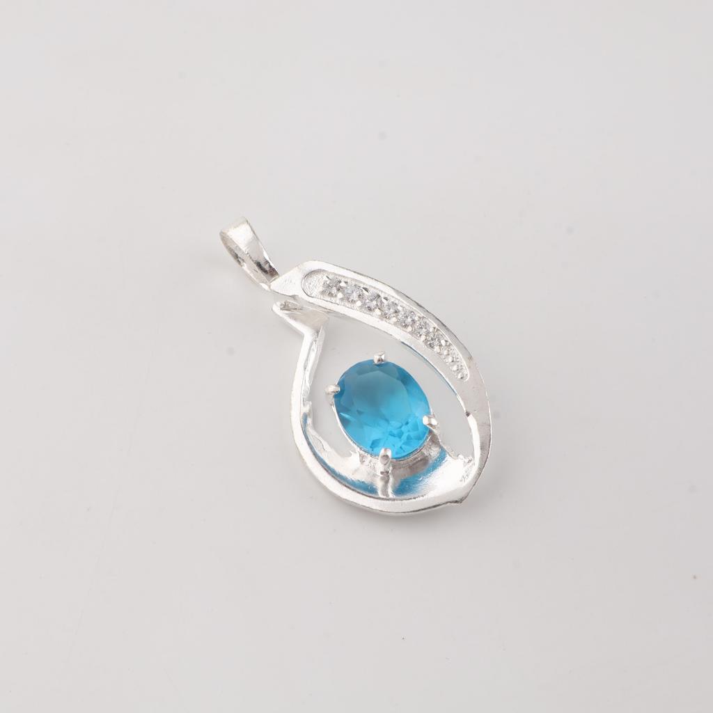 Swiss Blue Topaz Gemstone 925 Sterling Silver Women Jewelry Designer Zircon Pendant 1.4" For Birthday Gift CZP-16-12