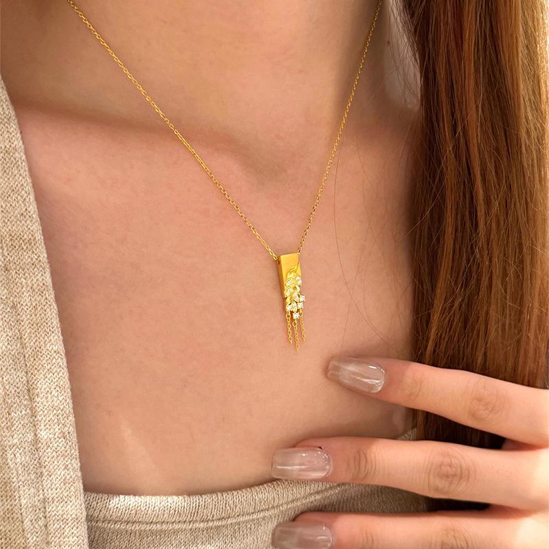 New Chinese style cold zircon square wheat ear tassel necklace accessories women's exquisite sweater chain necklace