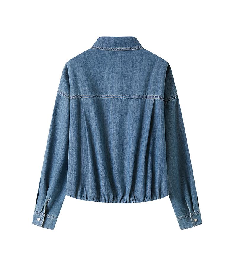 Women's Long Sleeve Denim Blue Shirt Jacket - Spring 2026 Retro British Style with Thickened Lapel