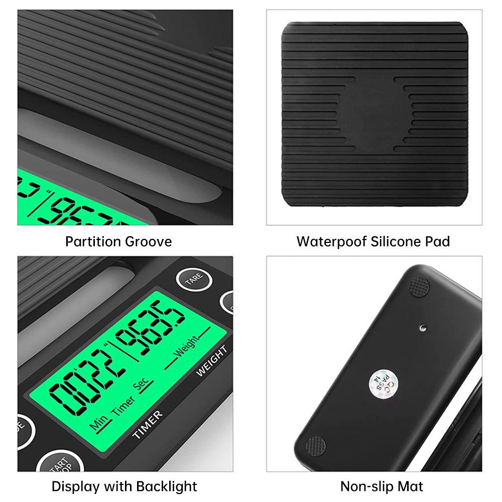 3000g/0.1g Kitchen Electronic Scale with Timer Anti-slip Tray LCD Digital Coffee Balance Scale High Precision Measuring Tool