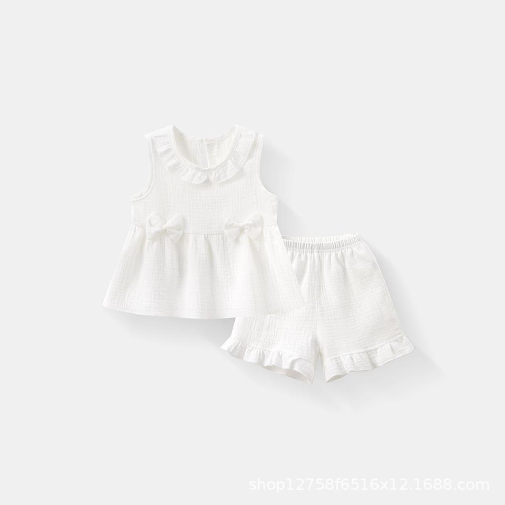 Girls Cotton Crepe Vest Set Sweet Bow Top With Ruffled Shorts Casual Fashionable Two Piece Outfit For Kids