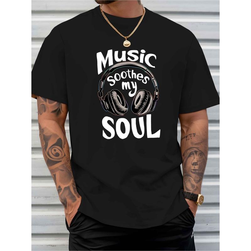 European sizes Music Soothes My Soul Headphone & Music Note TShirt Bright Yellow Crewneck Breathable Lightweight Summer with Headphone Print Soft