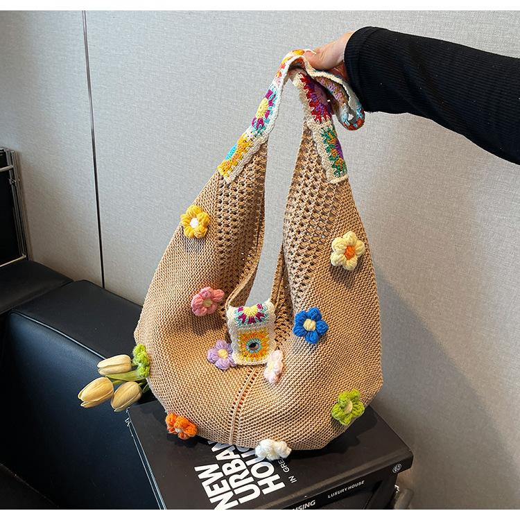 Women Flower Knitted Shoulder Bag Fashion Tote Handbag Lightweight Crochet Tote Bag Casual Top Handle Bag Outdoor Travel Bags