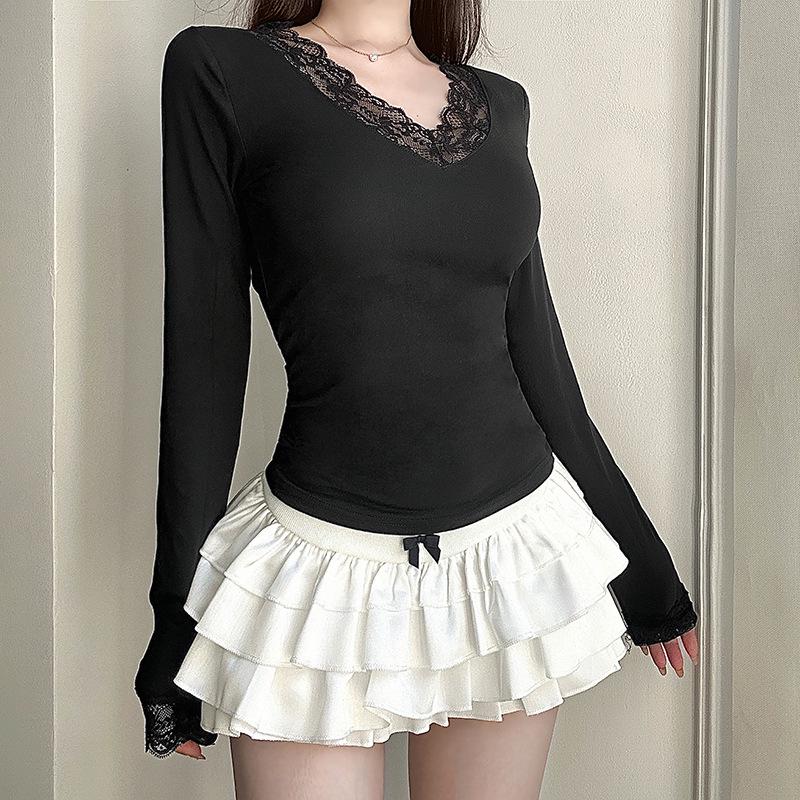 European Lace Patchwork Long Sleeve V-Neck T-Shirt