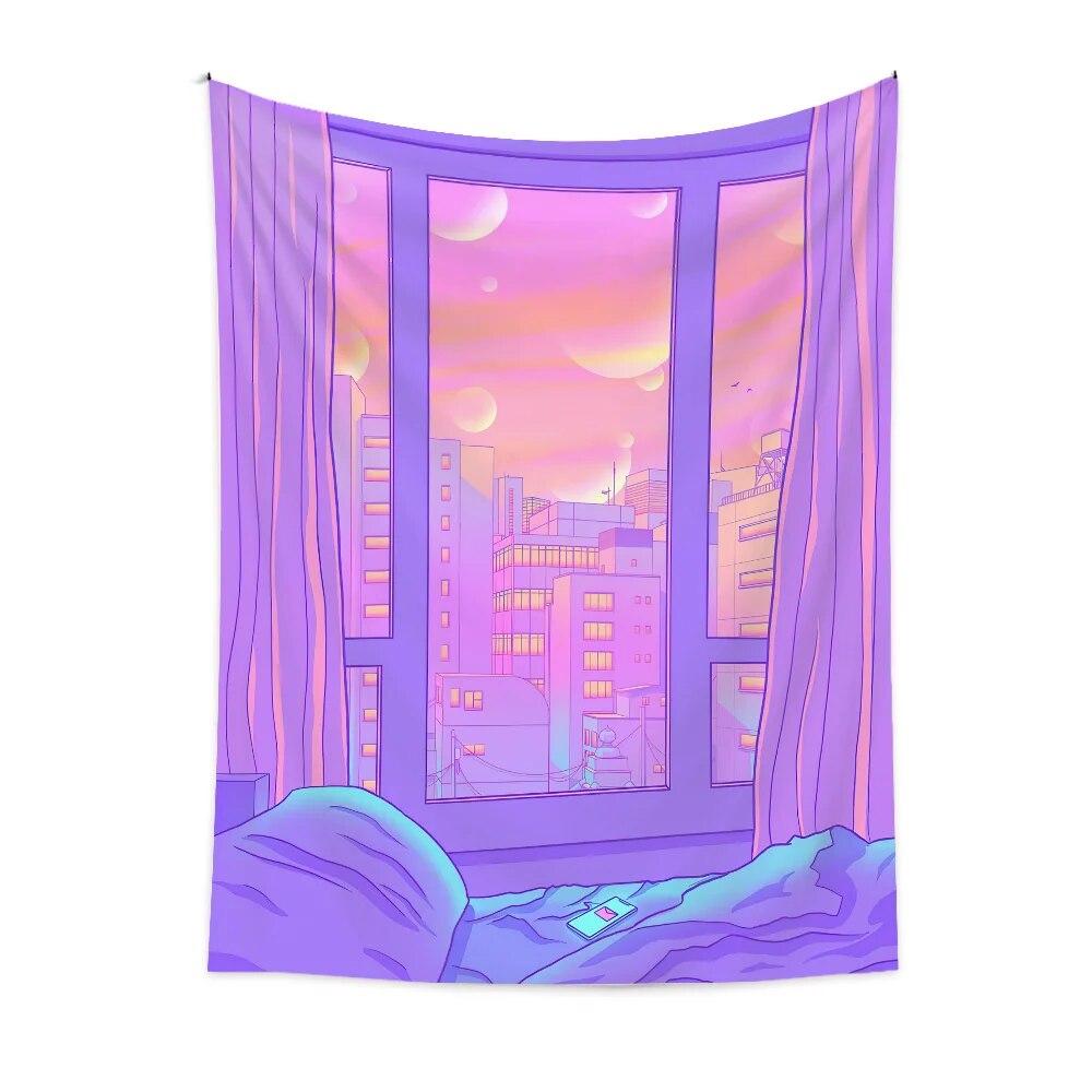 Purple landscape city building tapestry anime character wall hanging cloth bedside carpet room decoration tapestry