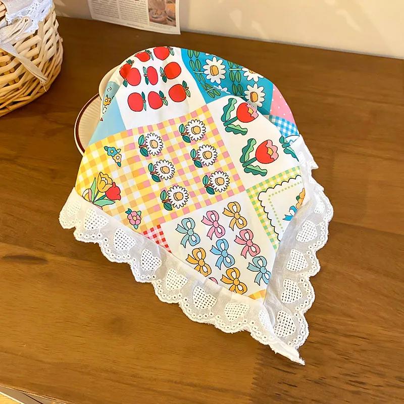 Red Woven Plaid Lace Hair Scarf Wraps Women Retro Triangle Headscarf Hat Travel Photo Headband Girl Hair Accessories