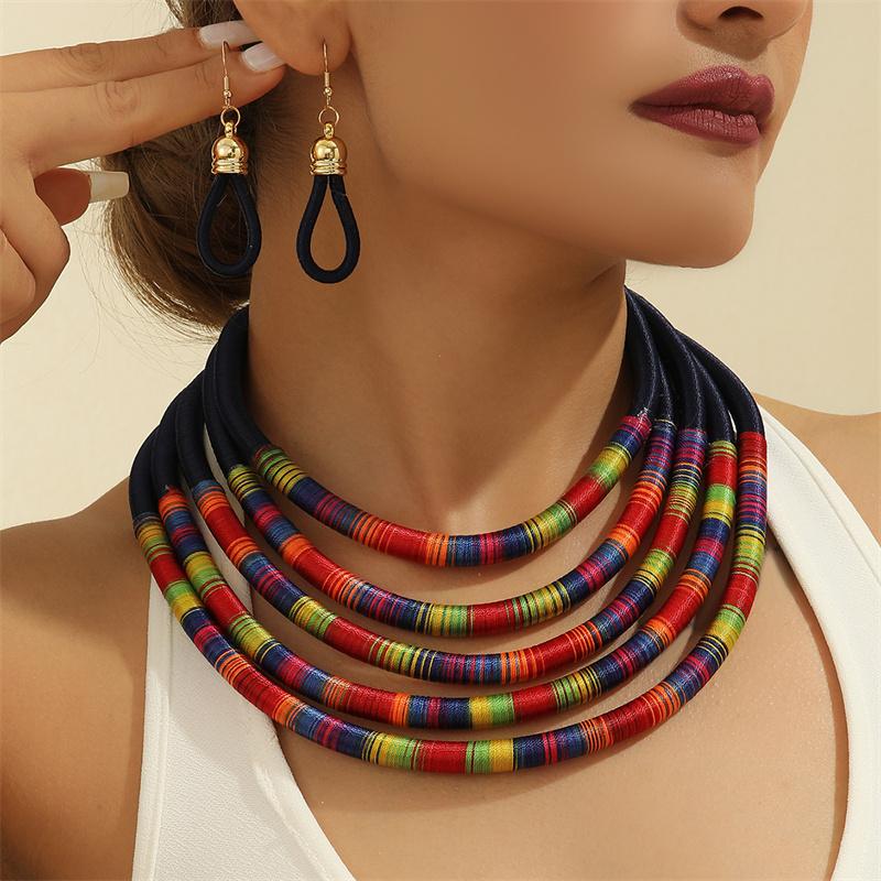 African Jewelry Set for Women Necklace Earrings Multi-layer Woven Choker Bridal Wedding Accessories