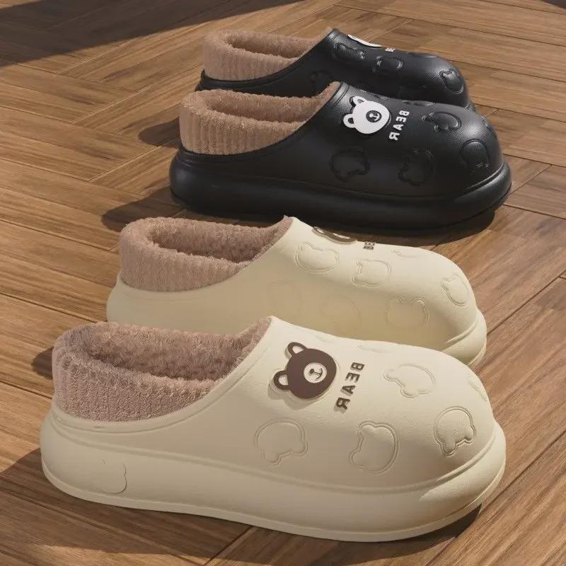 Men's & Women's Waterproof Cotton Slippers: Velvet Lined, Non-Slip, Thick-Soled, Heel-Cover, Warm & Cozy for Fall/Winter 2024