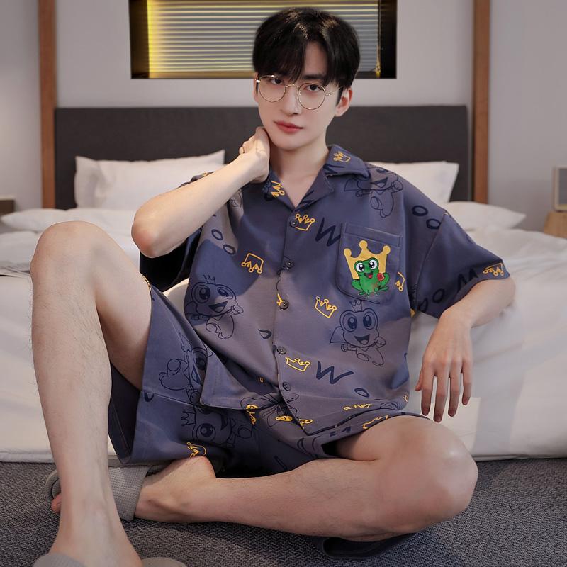 Herren Baumwoll-Cardigan Homewear Mode Nachtwäsche Kurze Ärmel Shorts Pyjama-Set Loungewear