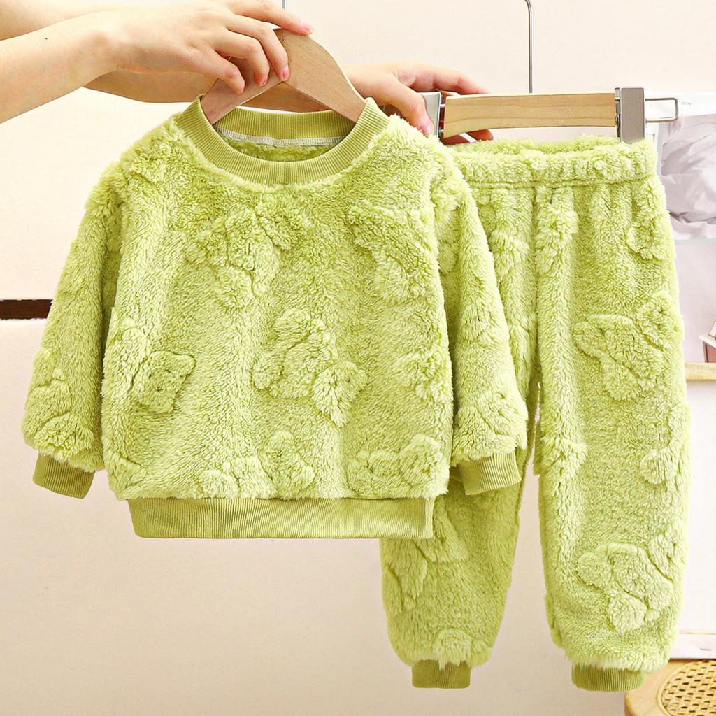 Kinder Einfarbig Verdickter Flanell Warm Hausanzug Und Pyjama Set Für Jungen Und Mädchen