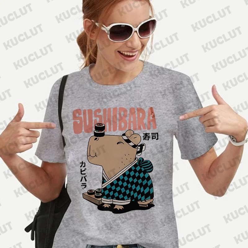 Woman Clothing Japanese Style Cute Capybara Print Tees Shirt Fashion Female Clothes T-Shirts Funny Animal Graphic Y2k Tops