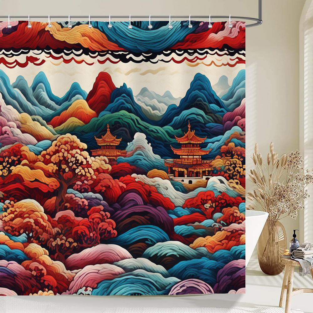Watercolor Japanese Landscape Style Shower Curtain, Texture Fabric Bathroom Decor Waterproof Fabric Shower Curtian with Hooks