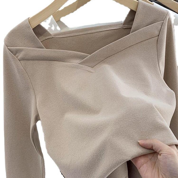 Outono/Inverno Feminino Veludo Alemão Gola Quadrada Ajustado Top Irregular