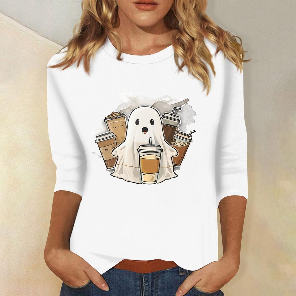 Dame Mote Casual Trekvartsermet Halloween Trykket Rund Hals Topp