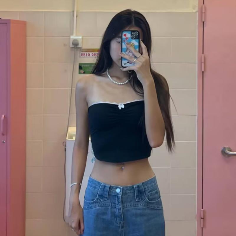 Kontrastní mašle prošívaný trubkový top Léto Harajuku 90. léta Bez ramínek Dámské zkrácené topy Vintage y2k Ležérní základní trička Roztomilá vesta