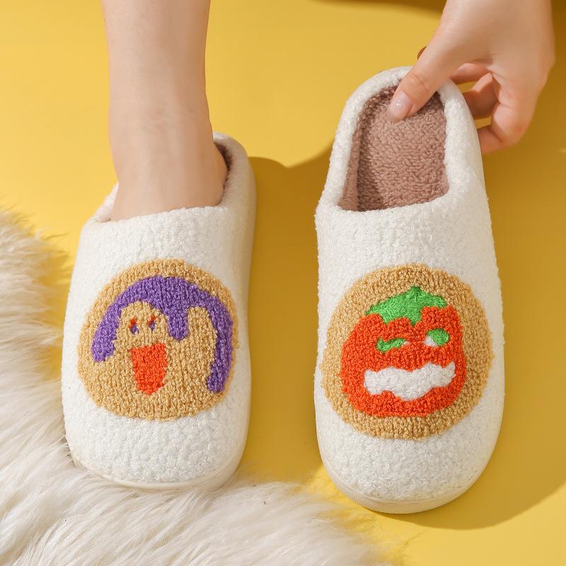 Winter Skull Print Halloween Plush Lined Warm Bag Toe Shoes Plush Home Indoor Cotton Slippers