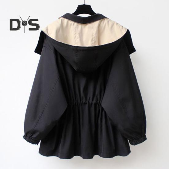 Women Windbreaker Hooded Patchwork Colorblock Zipper And Button Closure Long Sleeves Tight Waist Loose Coat Cargo Style Outdoor Jacket