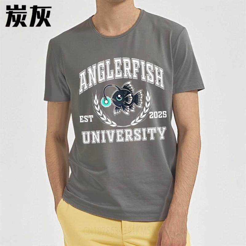 Fashion Summer Man Tshirt Anglerfish University Est 2025 Fish Emblem Short Sleeve Relaxed Fit Round Neck Tshirt Teeshirt Male