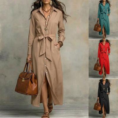 European and American Spring and Summer Lapel Neck Long-sleeved Shirt Long Dress Solid Color Waist Strap Split Pocket Long Dress