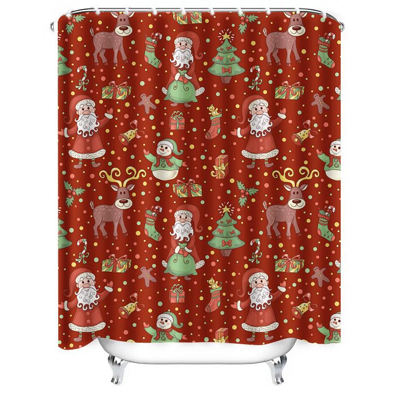 TU Christmas Shower Curtain Festive Holiday Decor Reindeer Santa Claus Pattern Waterproof Bathroom Curtain Xmas Home Decoration