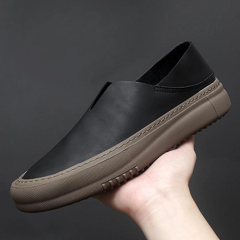 Fashion New Genuine Leather Mens Shoes Fashion Slip On Rubber Outdoor Sneakers Mocassins Handmade Male Loafers Soft Casual Leather Shoes