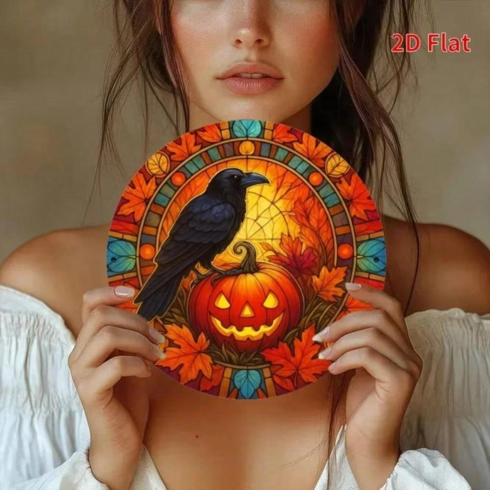 Vintage Iron Wall Art Round Sign Black Bird Pumpkin Autumn Leaves Halloween Home Decor