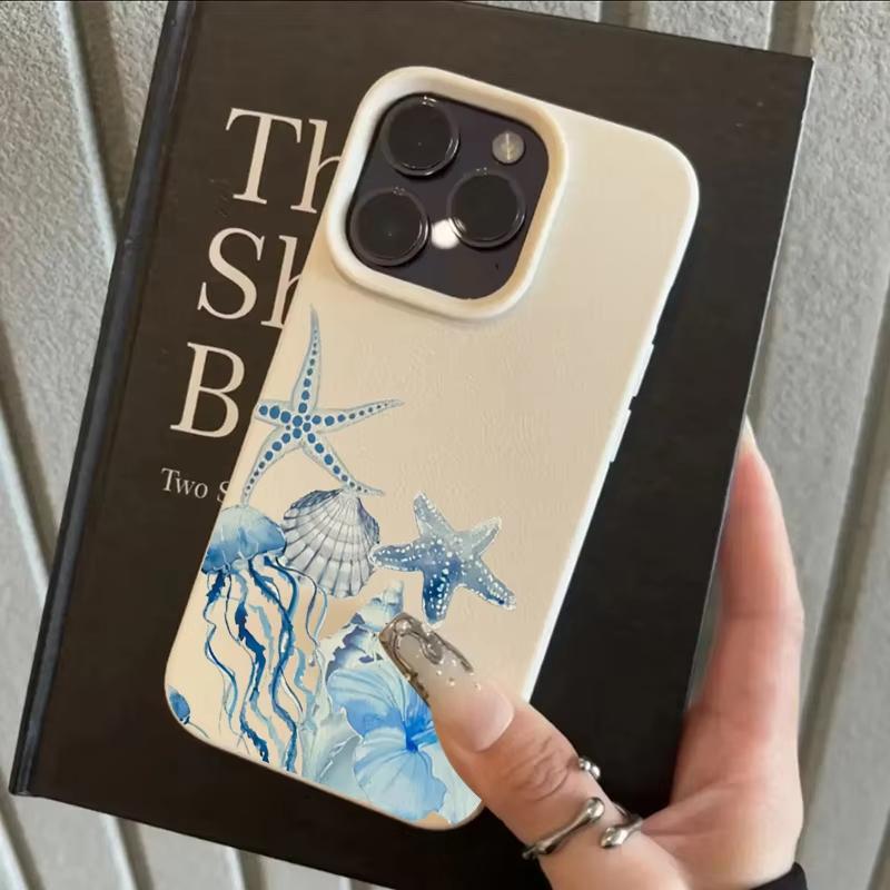 Cute Starfish Jellyfish Pattern Phone Case For iPhone 17 Pro Max 16 Plus 15 Pro 14 13 12 11 XS XR 17Air Lychee Textur Soft Cover