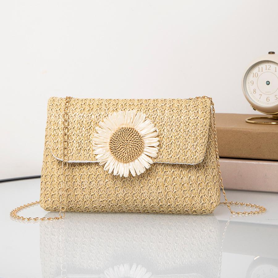 New Women Straw Bag Sweet Fashion Daisy Lock Design Shoulder Bag Chain Crossbody Bag