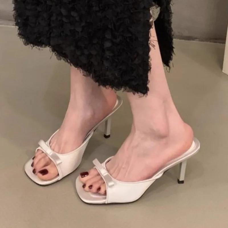 Fashion Slipper Mules Low High Heels Shoes Summer Solid Color Females Square Head Open Toe Bow Strappy Sandals Women Heeled Slipper