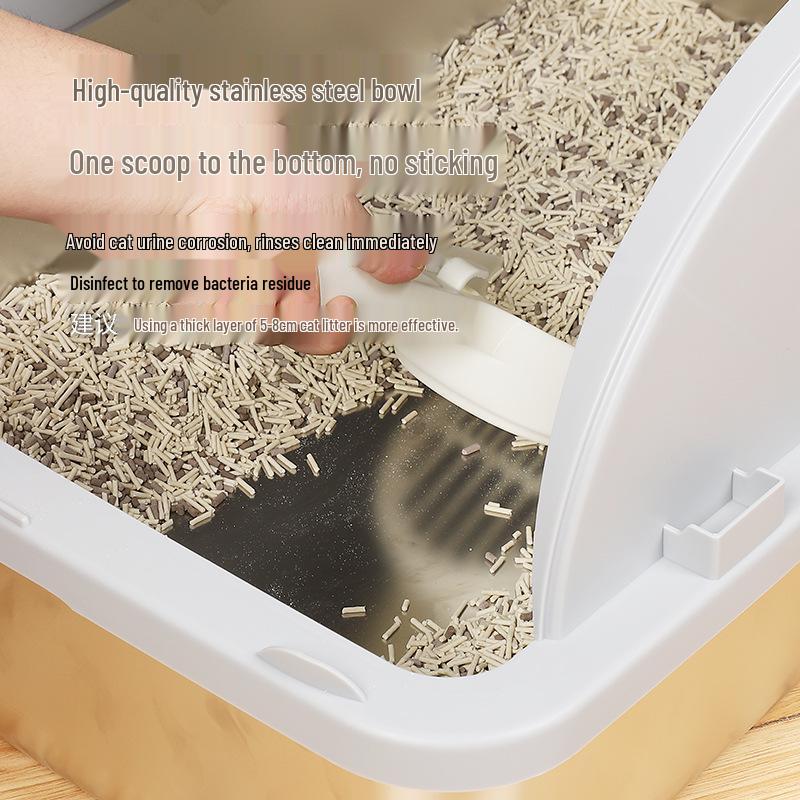 Meow & Cross-Border Stainless Steel Cat Litter Box with Flip Lid, Anti-Splash Design with Raised Edge, and Non-Stick Base.