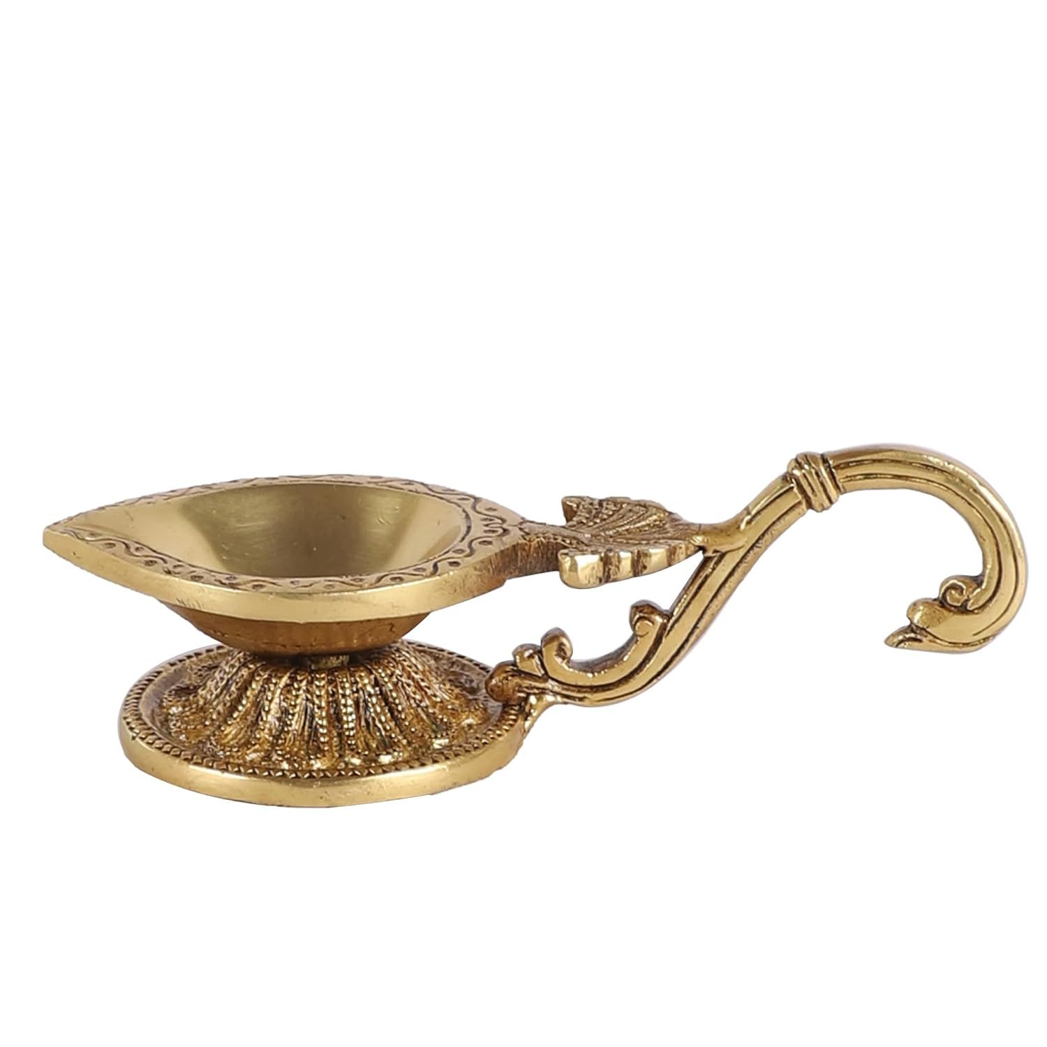Two Moustaches 100% Pure Brass Ethnic Handcarved Brass Diya with Curved Handle, Brass