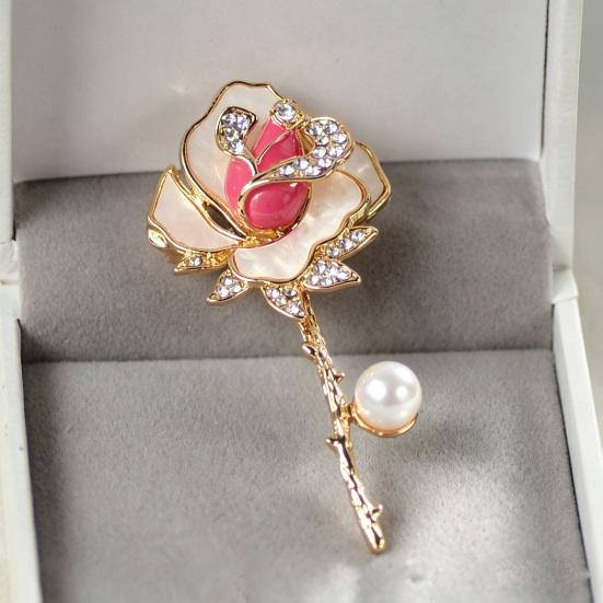 Brooch Pin Three-Dimensional Rose Shape Enamel Drip Technology Pin with Rhinestone Faux Pearl Inlay Suits Coats Dresses Badge