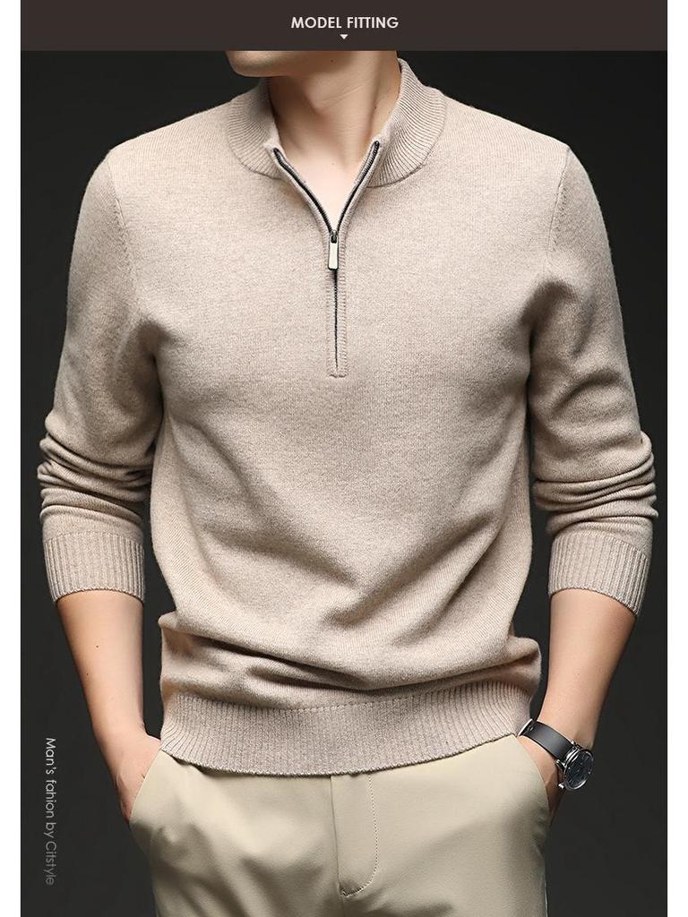 Herren Kaschmir Pullover mit halbem Reißverschluss, dicke Wolle, Langarm, Winter Baselayer