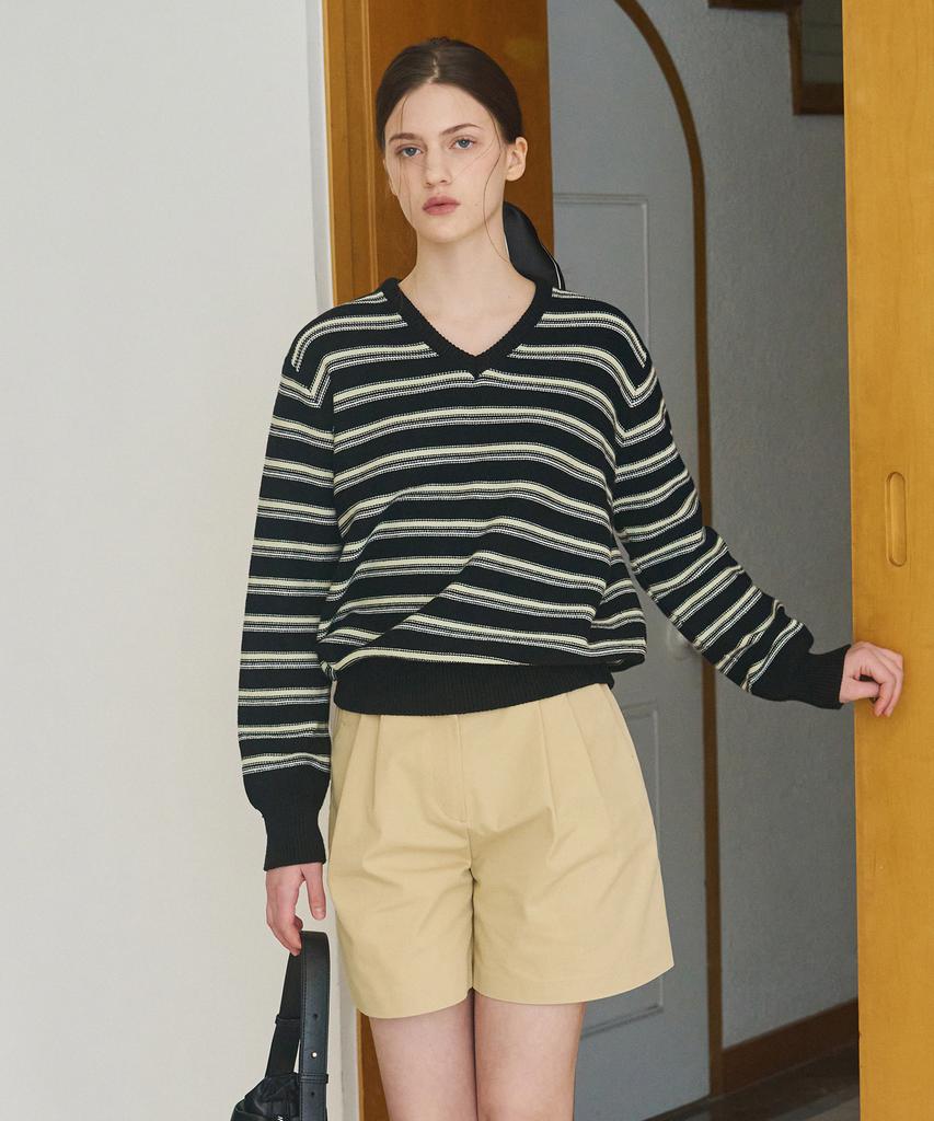 Deuloupisumeon Ripple Stripe Cotton V-Neck Knit [Black]