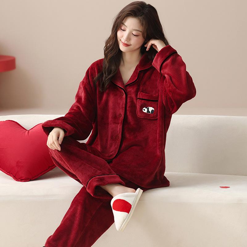 Pajamas wedding newlywed couple set winter coral fleece fleece thickened new Chinese red loungewear set