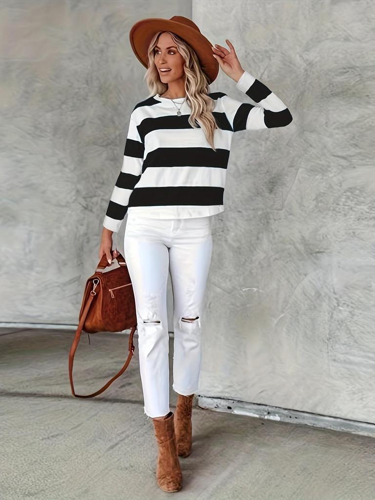 European and American Striped Round Neck Long Sleeve Casual Women's T-shirt for Spring and Autumn.