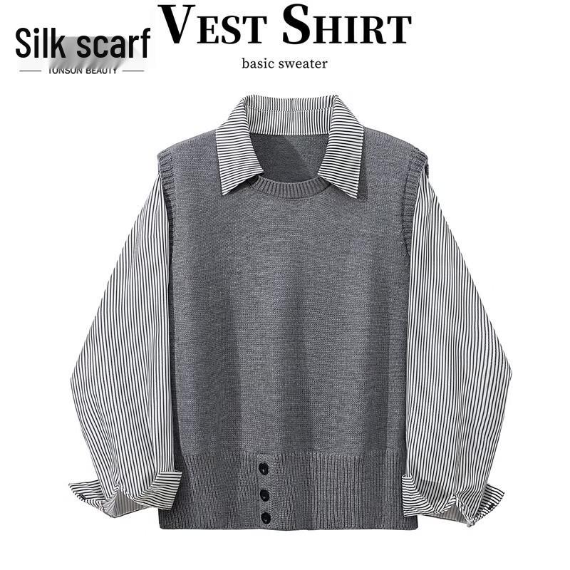 Women s Casual Lapel Fake Two-Piece Knit Top One Size