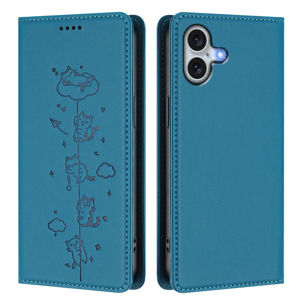 For iPhone 16 Plus Case RFID Blocking Wallet Stand Imprinted Cat Pattern Leather Phone Cover