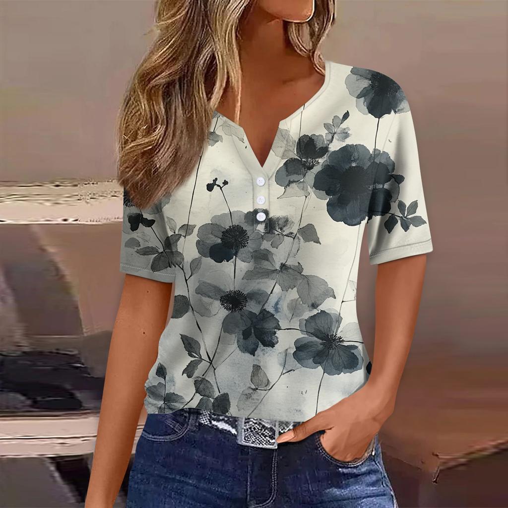 Women's T Shirt Tee Print Button Short Sleeve Daily Weekend Fashion Basic V- Neck Regular Top