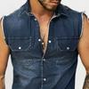Revers Ärmellose Weste Jacke Einreiher Pattentaschen Quaste Herren Sommer Einfarbig Denim