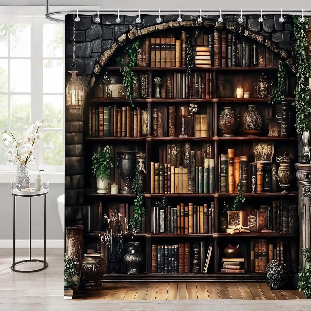Gothic Bookshelf Shower Curtain, Vintage Witchy Dark Farmhouse Books Waterproof Fabric Curtain