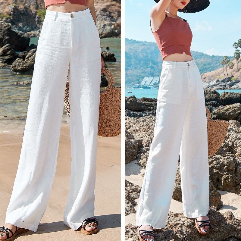 Pantaloni de vară pentru damă, bumbac, in, talie, culori, pantaloni cu picioare largi, stil de stradă
