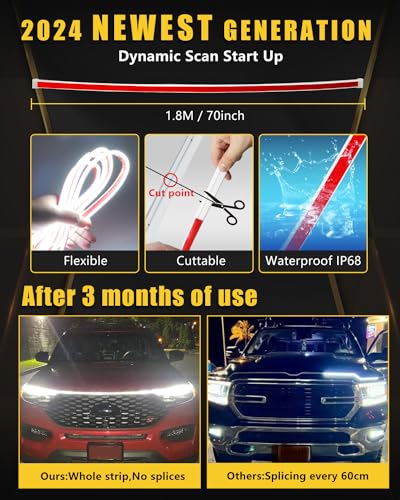Car LED Tape Light, 12V Flowing LED Tape, Hood Light, Delight, DRL, Truck, SUV, Ultra-thin, Waterproof, Silicone, Universal, 1.8M, White