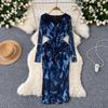 Neu Frühling Sommer Sexy Aushöhlen Mesh Langarm Kleid Frauen Elegante V-ausschnitt Floral Print Schlank Midi
