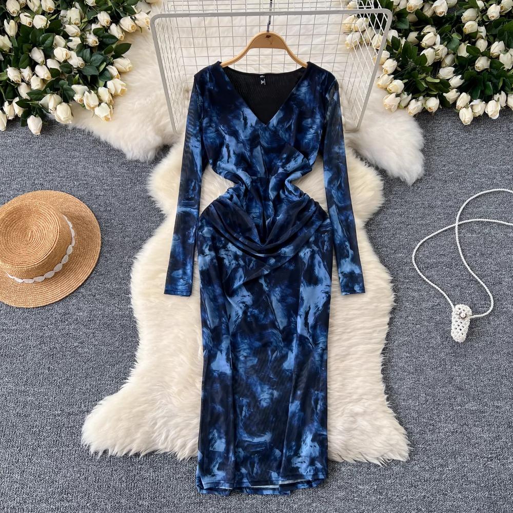 Neu Frühling Sommer Sexy Aushöhlen Mesh Langarm Kleid Frauen Elegante V-ausschnitt Floral Print Schlank Midi
